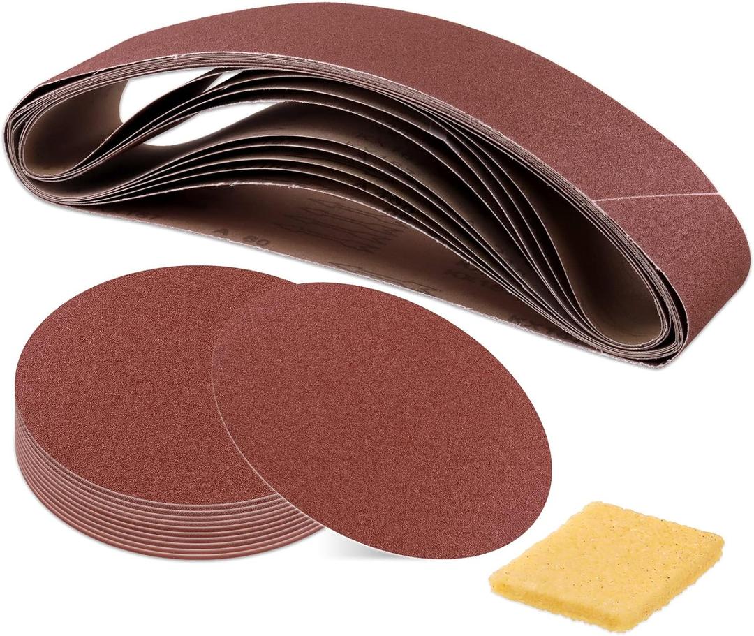 Glarks 23Pcs Sanding Belts and Sanding Discs Set Including 10Pcs 4 x 36 Inch 80/120/150/240/400 Grits Sanding Belts and 12Pcs 80/100/120/180/ 240/400 Grits Self Adhesive No-Hole Sticky Sanding Discs