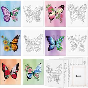6 Pack 11x14 Inches Butterfly Flower Pre Drawn Canvas to Paint for Sip and Paint Party, Pre Printed Framed Canvases Set, Butterflies Pre Sketched Canvas for Painting for Adults Kids
