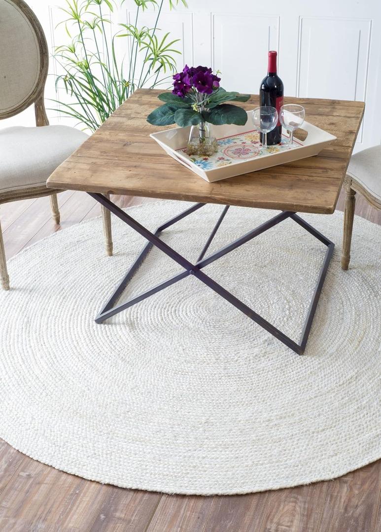 Jute Rug 4ft Round Area Rug Hand Woven Jute Beige Braided Boho Rug for Living Room Outdoor Bedroom Kitchen Entryway Farmhouse Hallway, Rustic Vintage Natural Reversible Floor Rugs: Off White