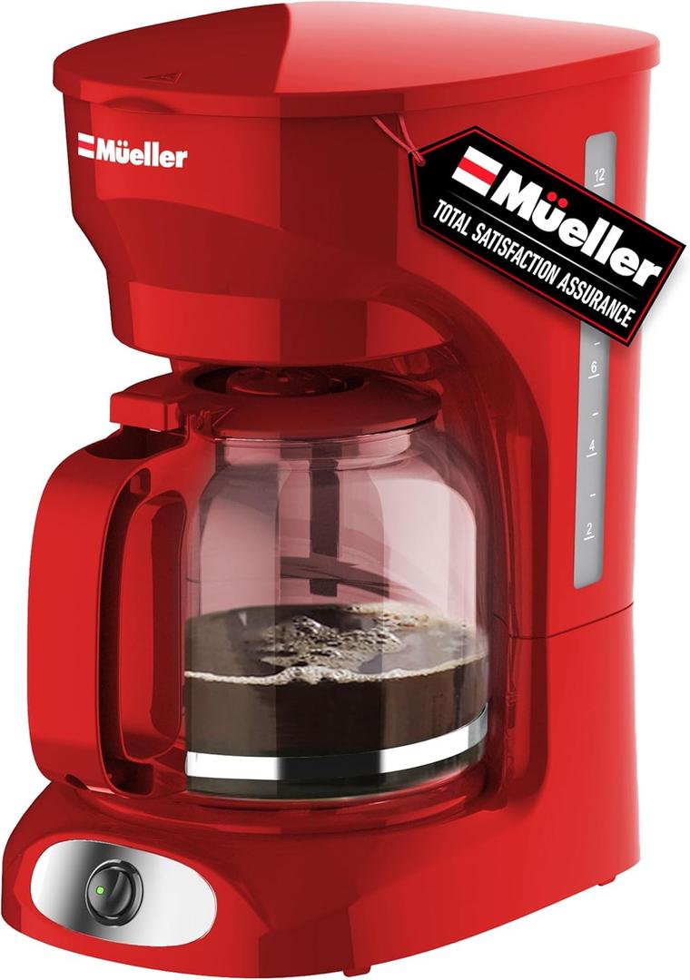 MUELLER HOME 12-Cup Red Coffee Maker - Perfect for Home or Office, Borosilicate Carafe, Auto-Off, Reusable Filter, Anti-Drip, Keep-Warm Function, Clear Water Level Window, Red Kitchen Accessories