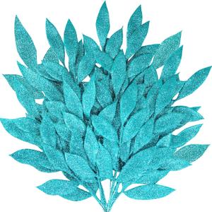Winlyn 20 Pcs Teal Glitter Bay Leaf Sprays Artificial Christmas Tree Picks Sprays 12.7" Tall for Teal Christmas Tree Winter Wreath Swag Floral Arrangement Vase Wedding Bouquet Centerpiece Decoration