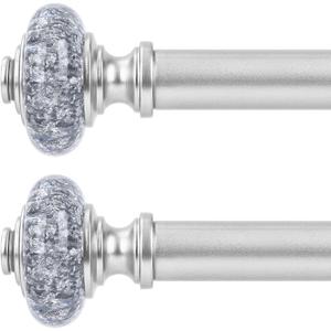 2 Pack Silver Curtain Rods for Windows 30 to 41 Inch, Decorative Vintage Crystal 1'' Diameter Curtain Rod with Silver Foil Finials, Adjustable Heavy Duty Easy Install Drapery Pole for Farmhouse