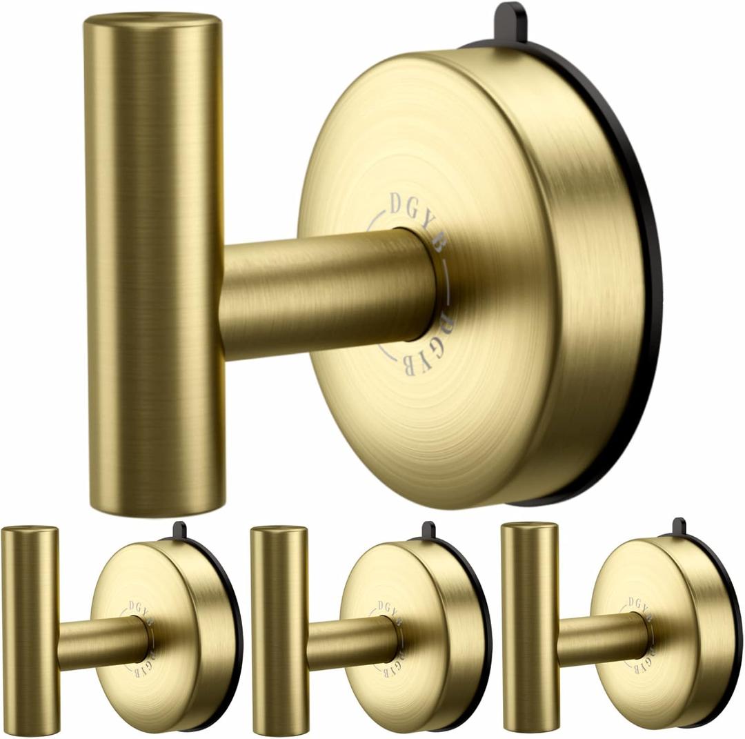 DGYB Large Suction Hooks for Bathrooms - Gold Towel Hooks Stainless Steel - 15 Lb Capacity - Removable, Heavy Duty (4 Pack-Brushed Gold)