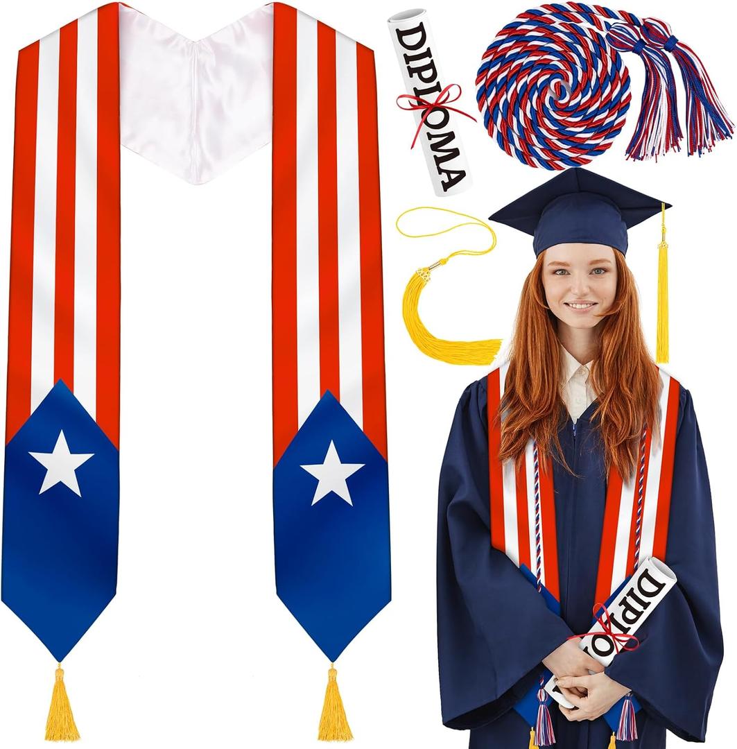 4Pcs Graduation Flag Stole Sash Class of 2026 with Grad Cap Tassel Scroll Honor Cord - Style 2