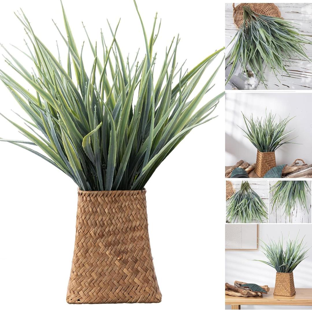 10Pcs Artificial Grasses in Natural Basket,Woven Wicker Vases with 13.8Artificial Shrubs Wheat Grass Greenery,Fake Grasses for Home Bathroom Office Farmhouse Decor