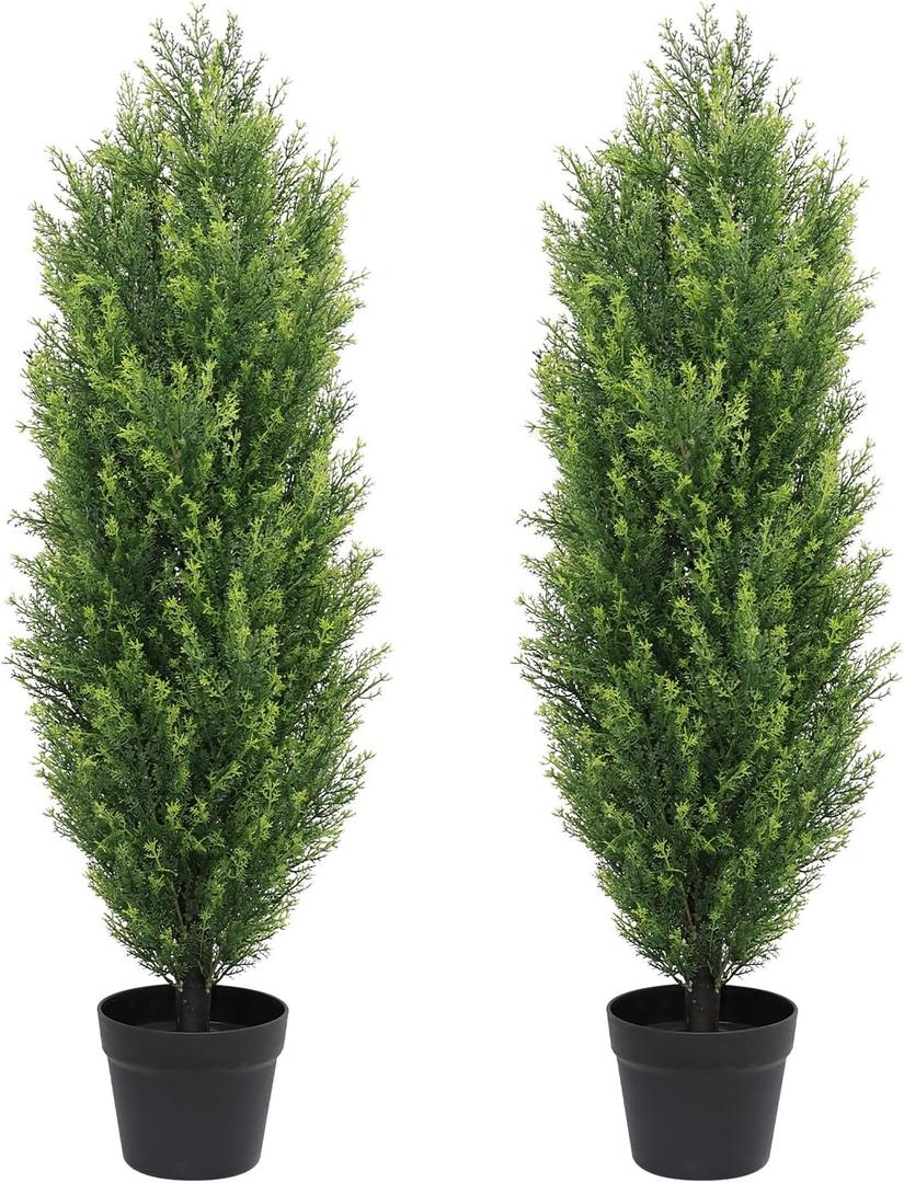 THE BLOOM TIMES 3ft Tall Topiary Trees Artificial Outdoor, UV Resistant Faux Cedar Pine Cypress Bushes Shrubs, 3 Foot Fake Potted Plants for Front Porch Outside Planter Patio Christmas Decor, Set of 2 (Yellow Green)