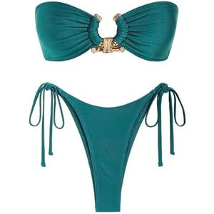 ZAFUL Metal Ring Bandeau Bikini Set Tie Side Bathing Suit High Cut 2 Piece Swimsuit Cutout Swimwear M