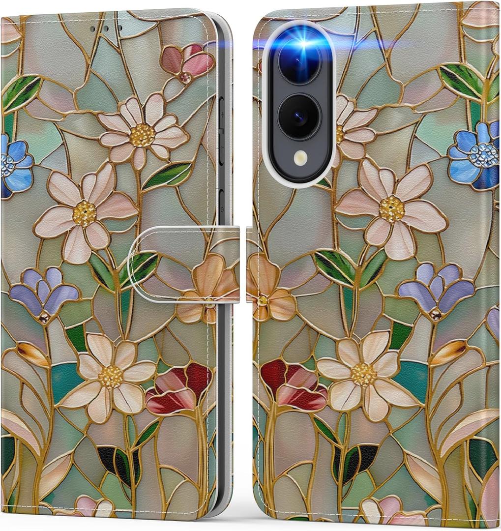 DEENAKIN for Samsung Galaxy S25 Edge Wallet Case with Card Holder + Cash Clip, RFID-Blocking, Military-Grade Drop Protection & UV-Printed Artwork, Magnetic Closure with Kickstand - Artistic Florals