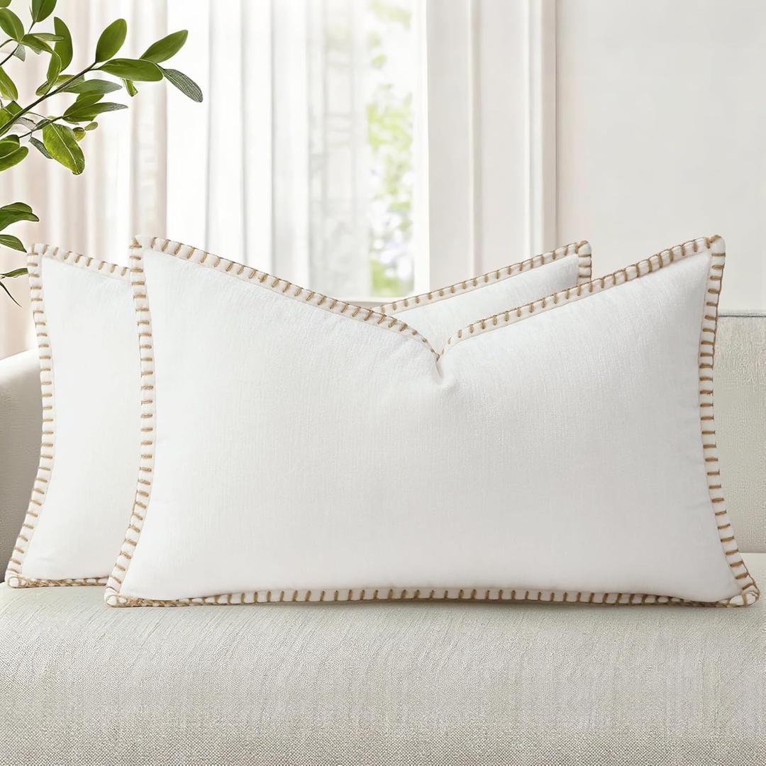 decorUhome Summer Chenille Soft Cozy Throw Pillow Covers 12x20 Set of 2, Modern Farmhouse Boho Velvet Decorative Pillow Cases with Stitched Edge for Couch Sofa Bed Home Decor, Cream White