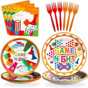 SCIONE 96 Pcs Family Game Night Party Supplies Colorful Video Game Birthday Decorations for Kids Boys Gamer, Game Night Party Paper Plates and Napkins Forks for 24 Guests