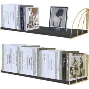 Black Gold Floating Shelves Pine Wood Large 31.57.87 Inch Black Floating Bookshelf with Elegant Lines,Book Shelf for Wall Black,Black and Gold Decor for Black Floating Book Shelves for Wall Set of 2.