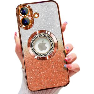 Misscase for iPhone 17 Magnetic Glitter Case Compatible with MagSafe,Full Protection Slim Shockproof Anti-Scratch Case with Camera Lens Protector Plating Bling Dust-Proof Net for Women Orange