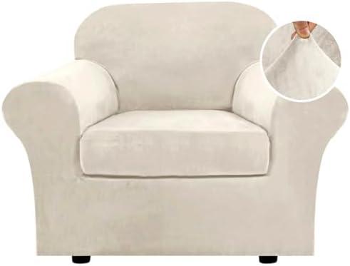 H.VERSAILTEX Rich Velvet Stretch 2 Piece Cover Chair Slipcover Sofa Cover Furniture Protector Couch Soft with Elastic Bottom Chair Couch Cover with Arms Width Up to 49 Inch(Chair, Ivory)