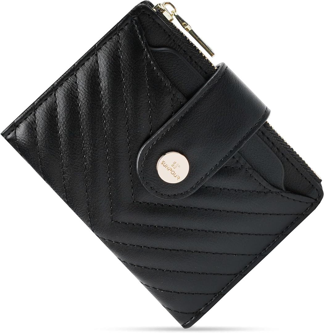 Sunpour Small Wallet for Women Leather Bifold RFID Blocking Card Holder Wallet Compact Card Wallet Woman with Zipper Coin Pocket (Quilted, Black)