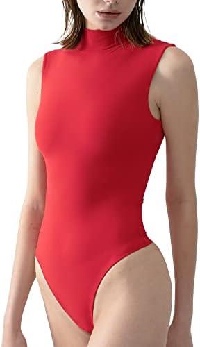 PUMIEY Women's Mock Turtle Neck Sleeveless Bodysuit Sexy Tank Tops Sharp Collection S, 08 Ruby
