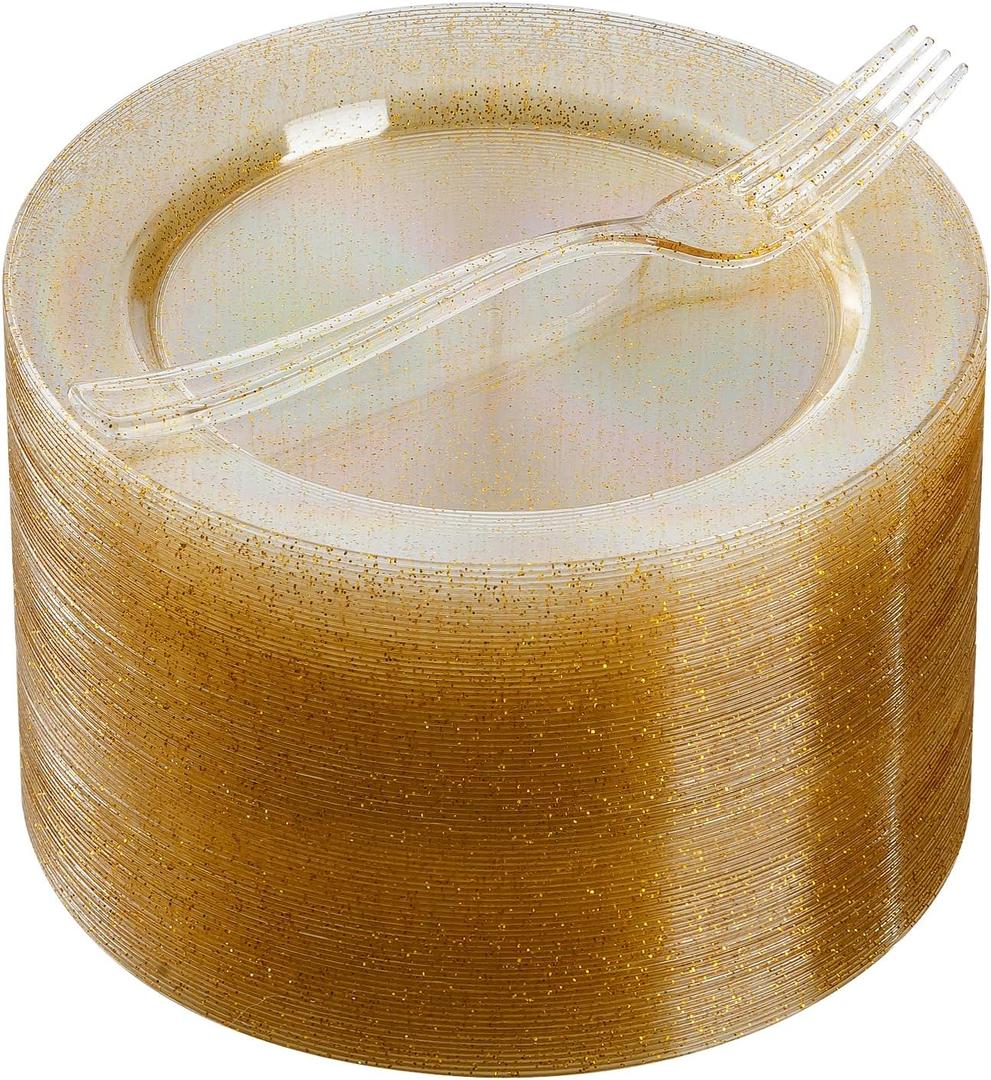 Goodluck 120PCS 7" Gold Glitter Dessert Plastic Plates with 7.4" Forks, Gold Appetizer Plates for 60 Guests, Including 60 Disposable Cake Plastic Plates and 60 Forks for Wedding/Birthday Party