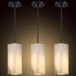 3 Pack 1 Light Square Natural Alabaster Marble Modern Industrial Farmhouse Hanging Kitchen Island Pendant Ceiling Light Fixture,Grey Finish Over Sink Restaurant bar Corridor