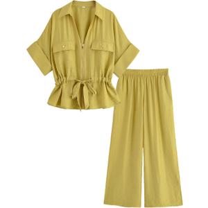 Mingzhu Women's 2 Piece Linen Outfits Short Sleeve Zipper Drawstring Waist Safari Shirts Wide Leg Pants With Pockets (Yellow), XL