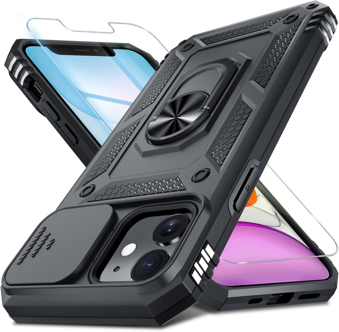Janmitta Case for iPhone 11 Phone Cover Built in Slide Camera Lens Cover+Screen Protector,Heavy Duty Shockproof Full Body PhoneCase with Finger Ring Holder Kickstand,Black