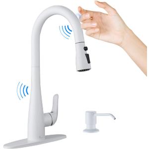 Touch on Kitchen Faucet with Soap Dispenser and Pull Down Sprayer - Single Handle Kitchen Sink Faucet, 1 or 3 Hole Design for Modern Farmhouse Kitchens, Rv, and Bar Sinks (White)