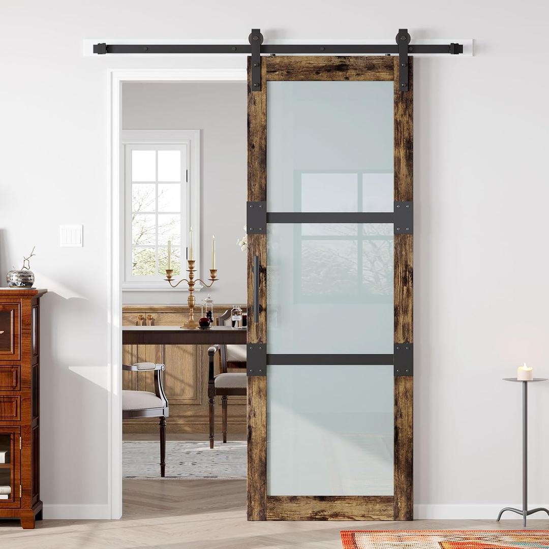 Fredbeck 30x84 Frosted Glass Barn Doors Aluminum Frame and 5.5ft Hardware Kit Included, Waterproof PVC Coating,Pre-Drilled Ready to AssembleBrown, 3-PanelsModern Interior Sliding Doors with Glass