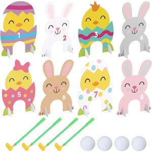 Seenelling Easter Golf Game Mini 17 Pcs Include 8 Bunny and Chicks Green Per Set 4 Putters 4 Balls for 4 Players to Play Easter Yard Game Party Supplies Indoor Outdoor Mini Golf Kit Sets