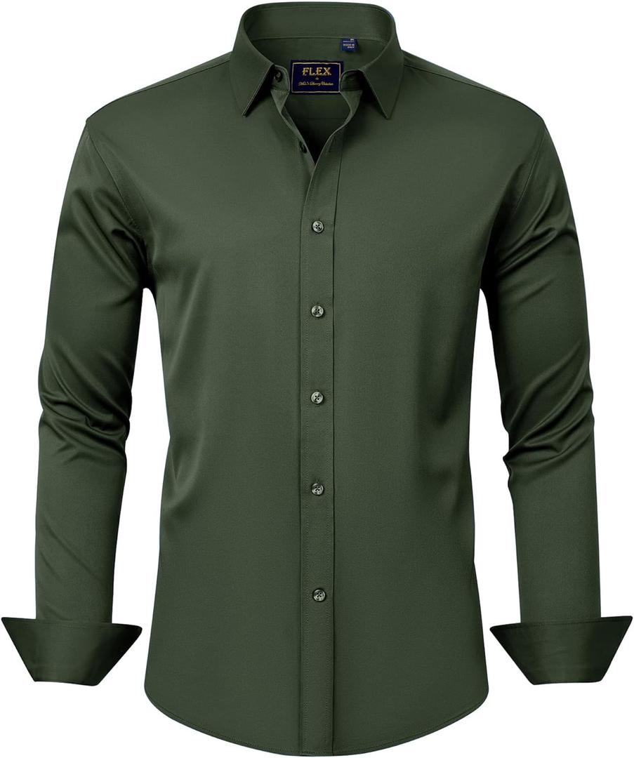 J.VER Men's Dress Shirts Solid Long Sleeve Stretch Wrinkle-Free Formal Shirt Business Casual Button Down Shirts (Large, Army Green)