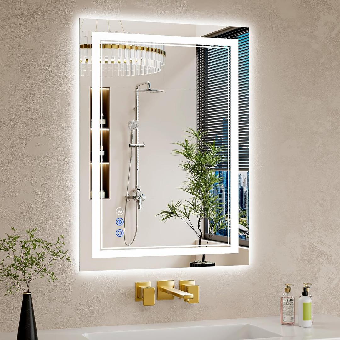 22"x30" LED Bathroom Mirror with Lights, Anti-Fog, Backlit + Front Lit, Dimmable, Led Vanity Mirror for Wall, Lighted Bathroom Mirror, 3 Colors, Shatter-Proof Tempered Glass (White)