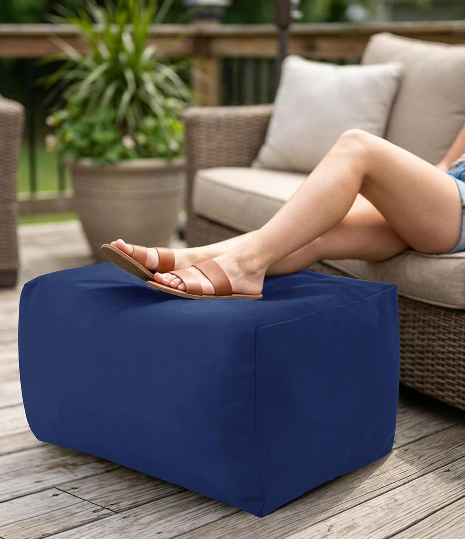 Outdoor Patio Bean Bag Ottoman - Small Beanbag Foot Rest Pouf Rectangular with Shredded Foam Filling, Splash-Proof Detachable Zipper Cover for Relaxing, Navy