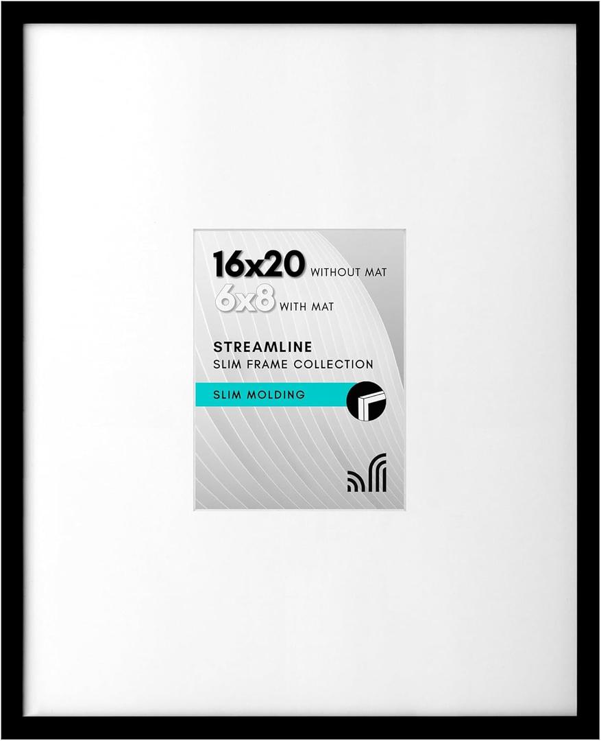 Americanflat 16x20 Picture Frame with Polished Plexiglass - Use as 6x8 Frame with Mat or Display 16x20 Photo Without Mat - Streamline Collection - Thin Border Picture Frames for Wall - Black