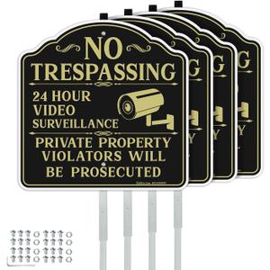 Faittoo No Trespassing Signs Private Property Video Surveillance Sign with 42" Stake, 4-Pack 12"x12" Rust Free Aluminum, Reflective, 2 Pre-drilled Holes, Includes Matching Screws & Wre