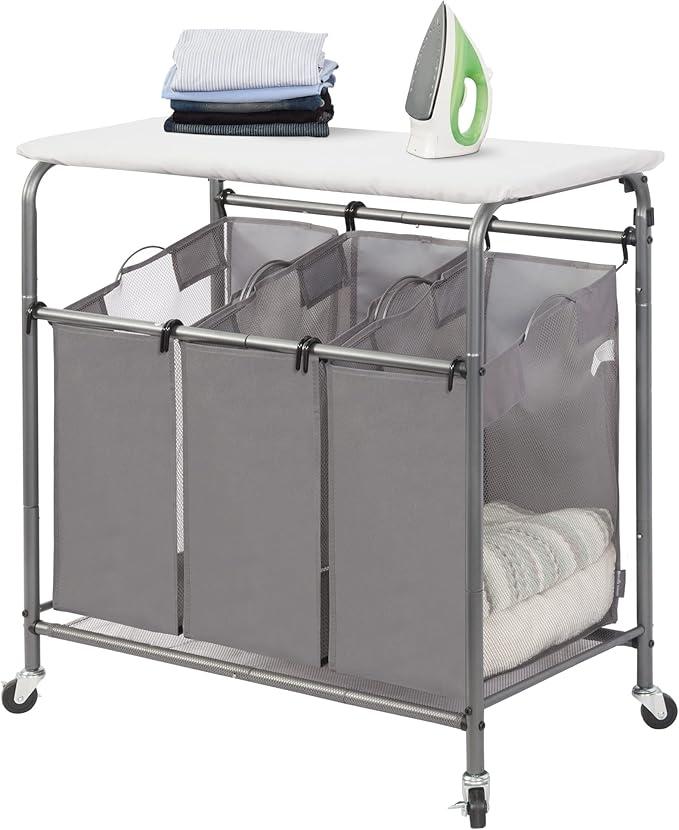 STORAGE MANIAC 3-Section Laundry Sorter with Foldable Ironing Board, Heavy-Duty Rolling Laundry Cart with and Removable Bags, Triple Laundry Hamper with Wheels, Dark Grey
