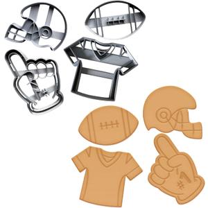 Football Cookie Cutter Set of 4 - Sports Cookie Cutters Shapes, Food Safe Plastic - Themed Football Cookie Cutters for Birthday Football Cookies - Football, Helmet, Jersey & Foam Finger