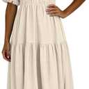 Puff Sleeve Cinched Waist Dress for Womens V-Neck A-Line Flowy Dresses | Dresses With Sleeves White Flowy Dress Short Sleeve For Women Blue Summer Wedding Guest A-Line Bohemian Midi Casual Shirt, Beige XXL