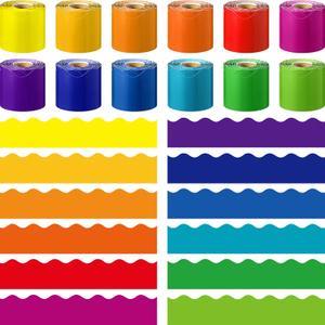 Ctosree 12 Roll 630 ft Colorful Bulletin Board Borders Bulk Scalloped Rolled Border Trim for Classroom Back to School Chalkboard (Rainbow Color)
