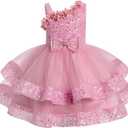 IMEKIS Toddler Kids Girls Pageant Sequin Flower Dress, Shiny Asymmetric Shoulder Formal Party Tiered Tulle Gowns (Pink, 4-5Y)