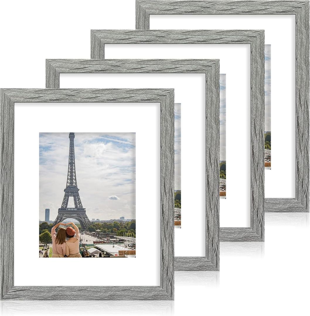 11x14 Picture Frame Set of 4, Made of Real Glass and Grey Wooden Frame, Display 8x10 Pictures with Mat or 11 x 14 Posters without Mat for Wall Mounting, Gallery Photo Frames