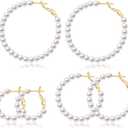 CERSLIMO Pearl Hoop Earrings for Women - 3 Pairs 14K Gold Plated & Sterling Silver Post Big Large Hoops 4mm Pearl Earrings Jewelry Gifts 20/30/40/50mm