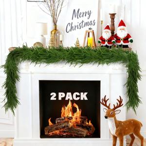 2-Pack 6FT Artificial Norfolk Pine Garlands, Hyperzoo Realistic Winter Pine Christmas Greenery Garland for Mantle, Staircase, Banister, Fireplace, Door, Table, Indoor & Outdoor Holiday Xmas Decortions
