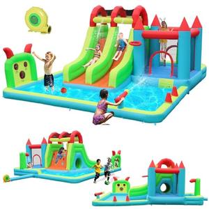 JOOLOOG Inflatable Water Slide Park 18x15FT Mega Water Park Bounce House w/Double Waterslide Large Splash Pool, Deep Pool, Shower,Water Cannon,Climbing Wall and Jumping Bouncer for Backyard Outdoor
