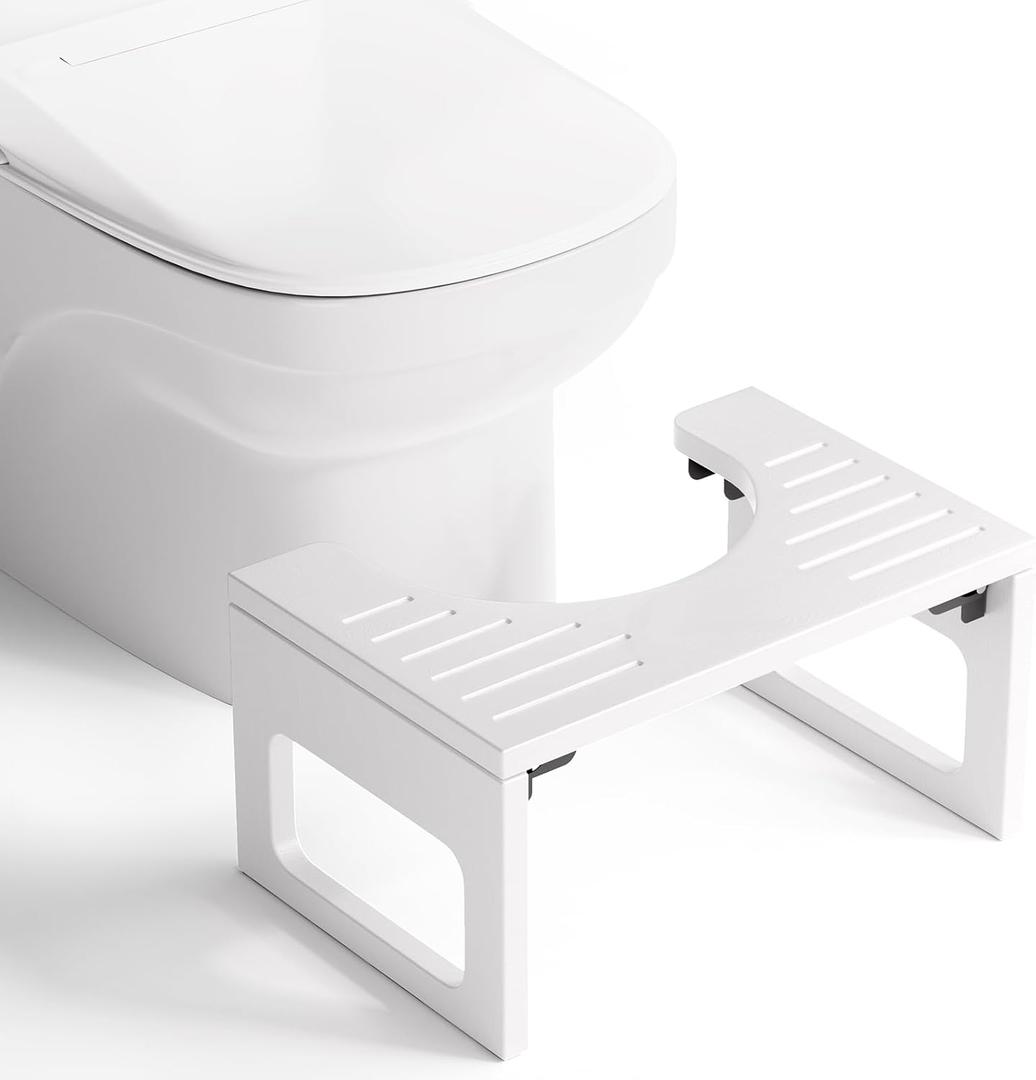 AmazerBath 8.5 Inches Bamboo Toilet Stool Squat for Adults, Foldable Squatting Potty Stool for Bathroom, Pooping Step Stools with Non-Slip Strip, Improve Bathroom Posture and Comfort, White
