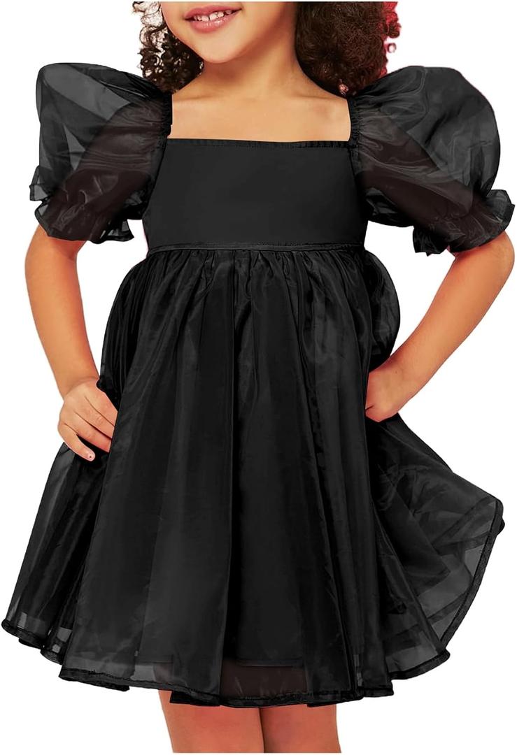 WDIRARA Toddler Girl's Mesh Tulle Dress Square Neck Puff Short Sleeve Ruffle Hem Birthday Party Cute A Line Midi Dress (Black, XS)