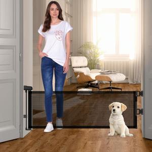 14" H Short Dog Gate Pet Gates Puppy Gate 59" Wide Step Over Pet Fence, Mesh Retractable Indoor Outdoor Expands Up to 59 Inches Small Dog Gates for Doorways Stairs (Black)