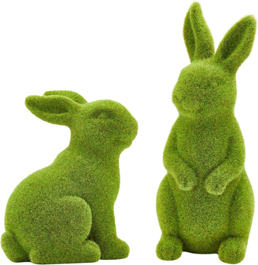 2PCS Easter Rabbit Decoration Green Moss Plush Rabbit Artificial Sculpture Green Plush Rabbit Resin Ornament Spring Garden Decoration Easter Gift Easter Decoration (Small 2PCS Standing+Sitting)