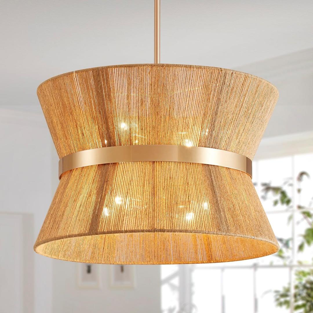 Shrine Lighting French Gold Boho Chandelier, Modern Design, Boho Drum Pendant Light for Dining Room, D18'' x H12'', Adjustable 47'', E12*8 Sockets, Jute Rope Lampshade&French Gold Finish Frame