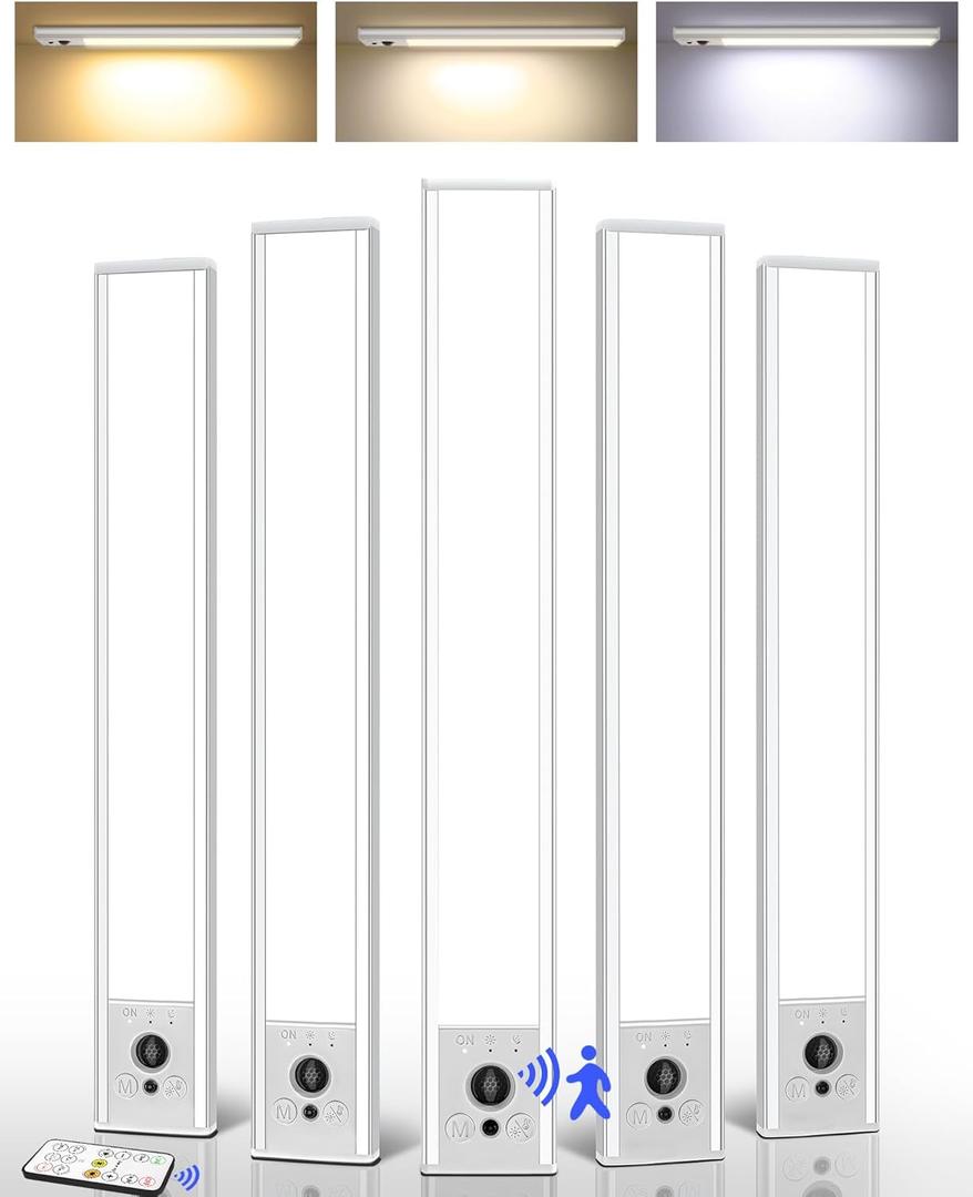 EZVALO 5-Pack Under Cabinet Lighting, 4000mAh Rechargeable Motion Sensor Light, 16.5inch Magnetic Closet Lights with Dimmable & 3 Color Temps, Wireless Motion Activated Lights with Remote for Kitchen