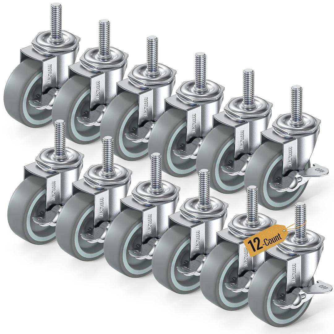 HOLKIE Caster Wheels 3 inch Locking Casters Set of 12, Threaded Stem 3/8" -16 x 1-1/2" (Diameter 3/8", Length 1-1/2") Swivel Heavy Duty Castors Gray