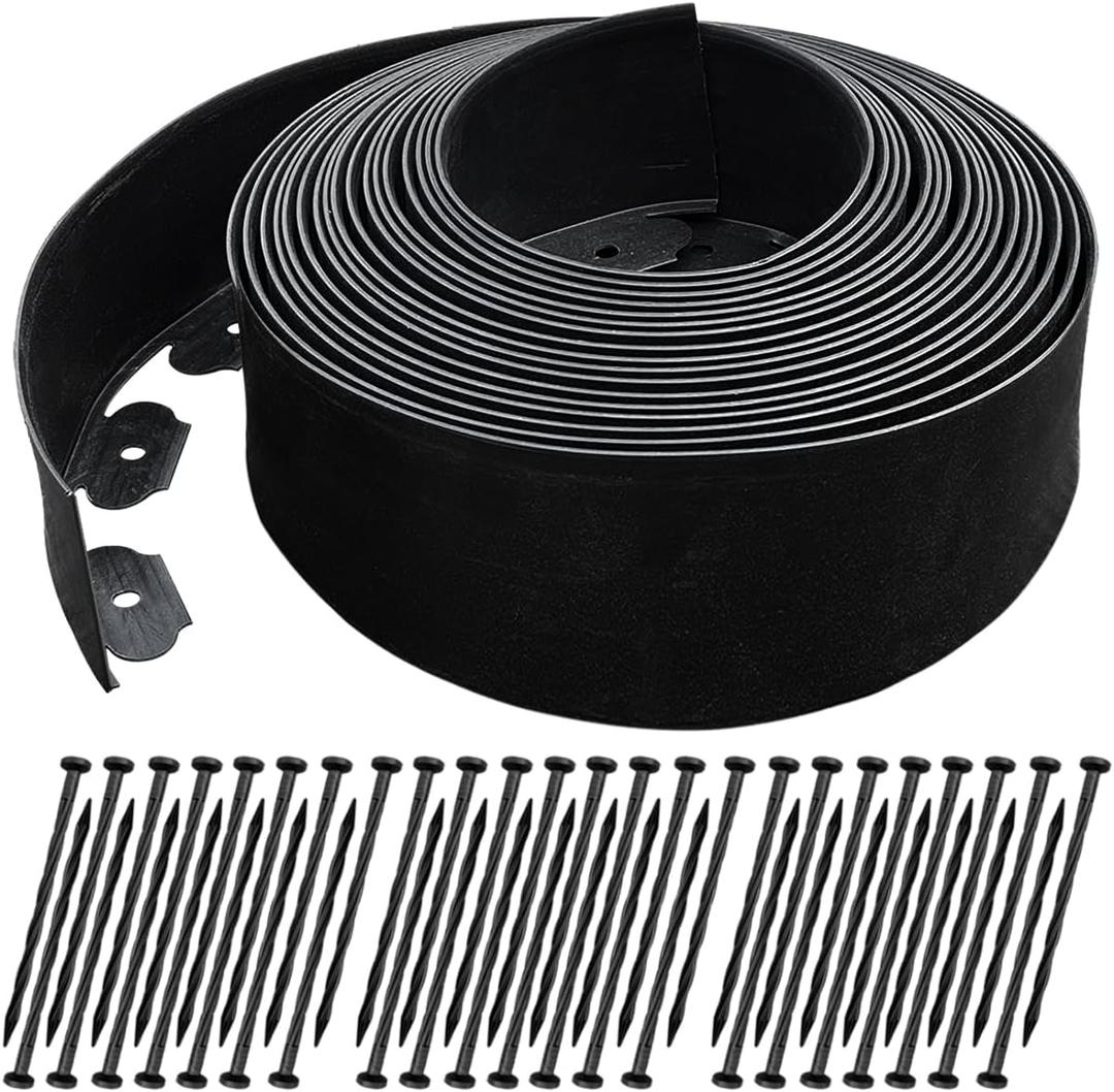 50 FT Landscape Edging No Dig [Extra Tall 4 Inch High] with 45 Spikes, Heavy-Duty Plastic Garden Edging Border (Black, 50 FT) (Black, 50FT)