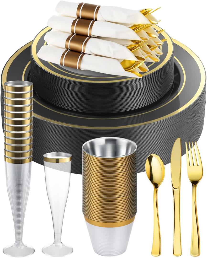 Goodluck 320PCS Black Gold Disposable Plastic Dinnerware Set for 40 Guests, Include 40 Dinner Plates, 40 Dessert Plates, 40 Napkins with Silverware, 40 Cups, 40 Champagne Glasses, for Various Parties