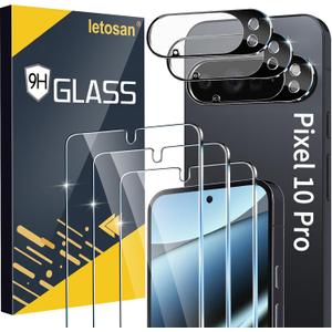 Letosan 3 Pack for Google Pixel 10 Pro Screen Protector Tempered Glass + 3 Pack Camera Lens Protector, Military Grade Shatterproof, 9H Hardness, Fingerprint Unlock,Case Friendly 6.3 Inch